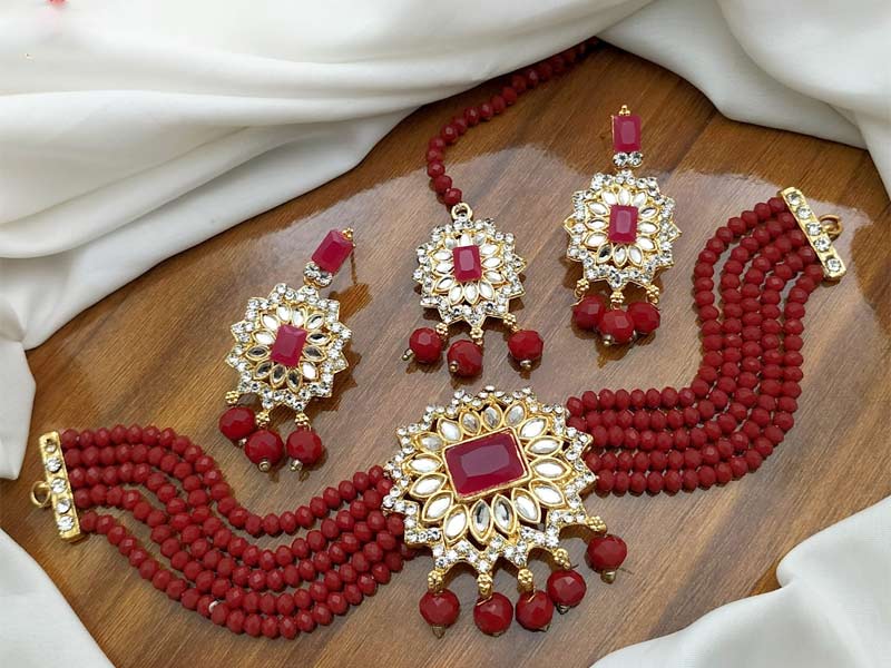 Pakistani Bridal Set Necklace Mathapatti Earrings Complete Jewelry Wedding Set