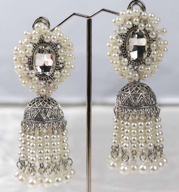 White Pearl Bahubali Jhumki/Jhumka Earrings For Girls