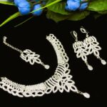 Beautiful Silver Wedding Necklace Jewelry Set With Earrings And Tikka (ZV:3098)