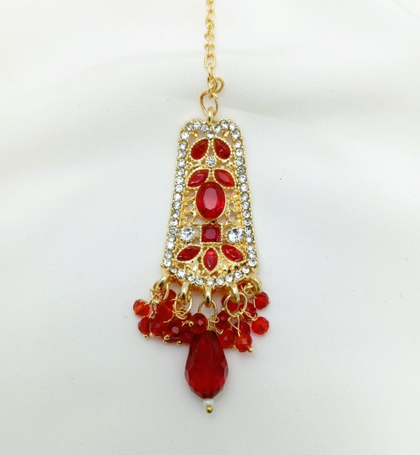 Maroon Golden Bridal Necklace Set with Earrings, Bindia and Jhumer (ZV:3426)