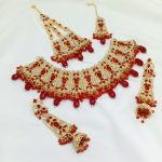 Maroon Golden Bridal Necklace Set with Earrings, Bindia and Jhumer (ZV:3426)