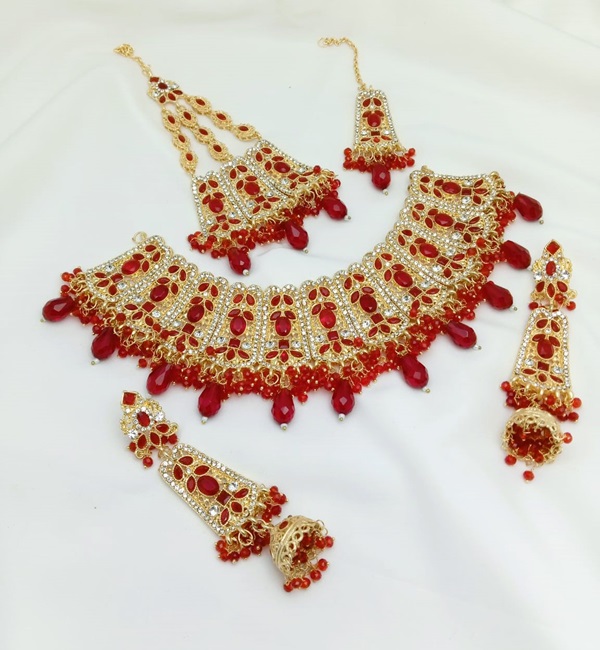 Maroon Golden Bridal Necklace Set with Earrings, Bindia and Jhumer (ZV:3426)