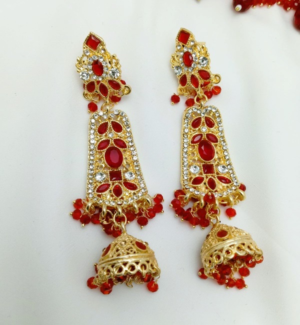 Maroon Golden Bridal Necklace Set with Earrings, Bindia and Jhumer (ZV:3426)