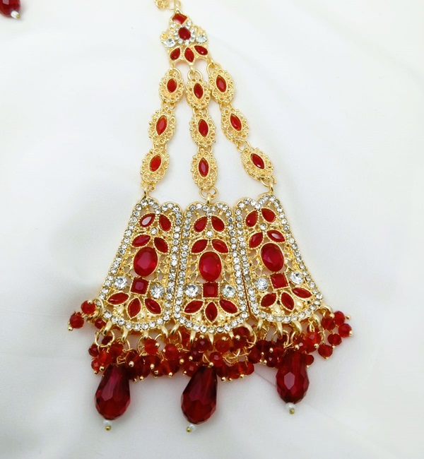 Maroon Golden Bridal Necklace Set with Earrings, Bindia and Jhumer (ZV:3426)