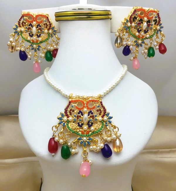 Stylish Navratna Pearl Locket Chain Set With Earring (ZV:3738)