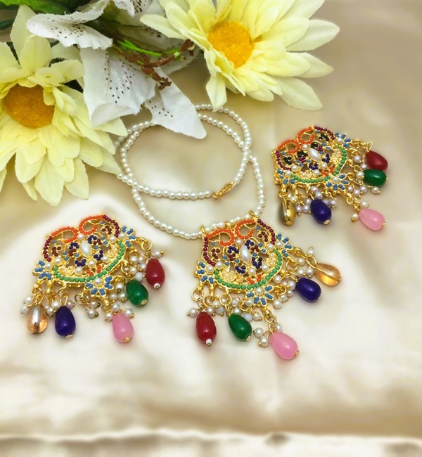 Stylish Navratna Pearl Locket Chain Set With Earring (ZV:3738)