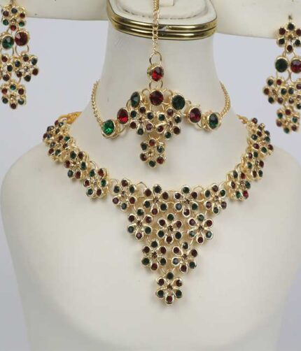 Heavy Multicolor Bridal Necklace with Earrings and Matha Patti