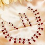 Stylish Maroon Zircon Necklace Jewelry Set with Earrings and Bindia (ZV:4821)