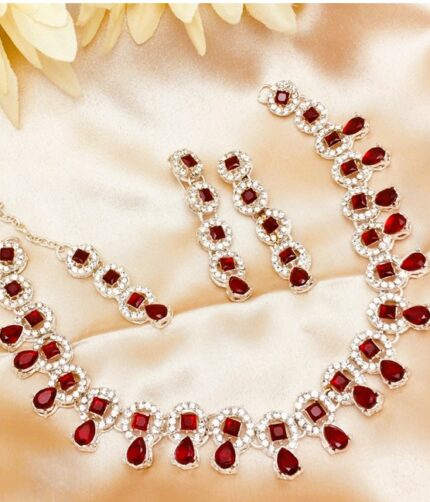 Stylish Maroon Zircon Necklace Jewelry Set with Earrings and Bindia (ZV:4821)