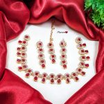 Stylish Maroon Zircon Necklace Jewelry Set with Earrings and Bindia (ZV:4821)