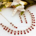 Stylish Maroon Zircon Necklace Jewelry Set with Earrings and Bindia (ZV:4821)