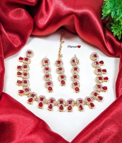 Stylish Maroon Zircon Necklace Jewelry Set with Earrings and Bindia (ZV:4821)