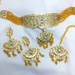 Golden Zircon Pearl Choker Necklace Jewelry Set with Earrings and Bindia (ZV:5337)