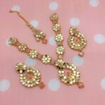 Pink Kundan Necklace Party Jewelry Set with Earrings and Matha Patti (ZV:5490)