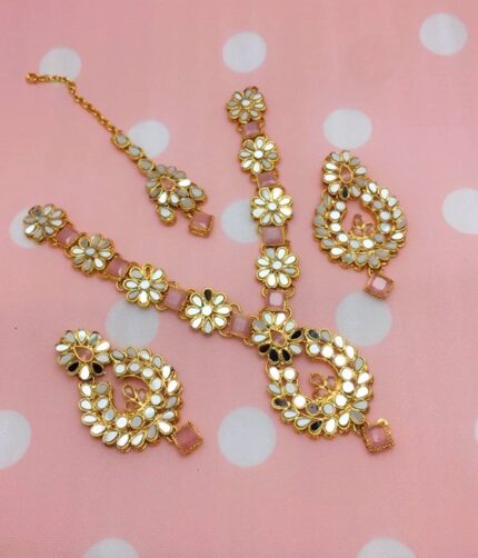 Pink Kundan Necklace Party Jewelry Set with Earrings and Matha Patti (ZV:5490)