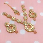 Pink Kundan Necklace Party Jewelry Set with Earrings and Matha Patti (ZV:5490)