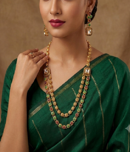 Double Layered Stone Necklace Jewerly Set With Earring and Tikka (ZV:18500)