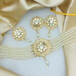 White Pearl Choker Necklace Jewelry Set with Earrings and Matha Patti (ZV:19036)
