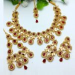 Elegant Golden Maroon Zircon Wedding Necklace Jewelry Set with Earrings, Bindia and Jhumar (ZV:19118)