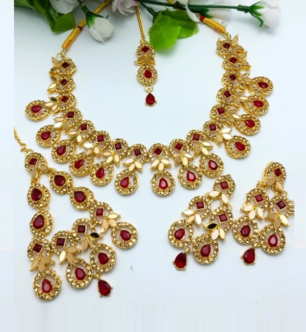 Elegant Golden Maroon Zircon Wedding Necklace Jewelry Set with Earrings, Bindia and Jhumar (ZV:19118)