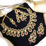 Elegant Golden Maroon Zircon Wedding Necklace Jewelry Set with Earrings, Bindia and Jhumar (ZV:19118)