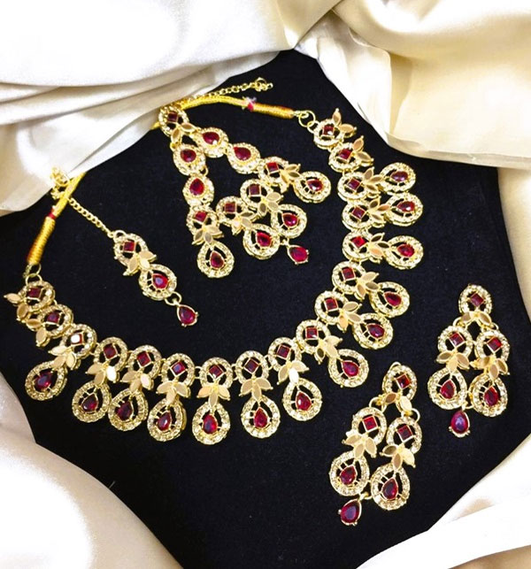 Elegant Golden Maroon Zircon Wedding Necklace Jewelry Set with Earrings, Bindia and Jhumar (ZV:19118)