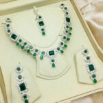 Elegant White Zircon & Green Stone Necklace Jewelry Set with Earrings and Bindia
