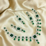 Elegant White Zircon & Green Stone Necklace Jewelry Set with Earrings and Bindia
