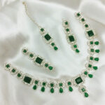 Elegant White Zircon & Green Stone Necklace Jewelry Set with Earrings and Bindia