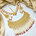 Golden Bridal Wedding Traditional Zircon Necklace Jewelry Set with Tikka and Earrings For Women (ZV:19296)