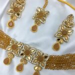 Stylish Peach Color Choker Necklace Jewelry Set With Earrings and Teeka (ZV:19338)