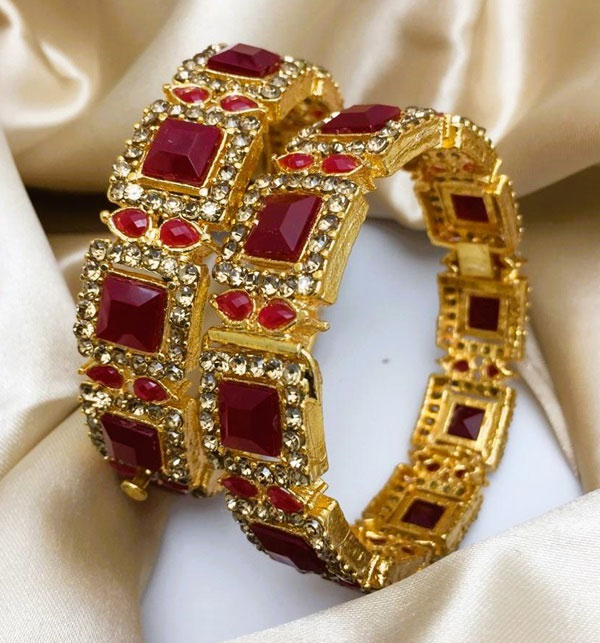 Stylish Maroon Stone Zircon 2 PCs Adjustable Bangles (ZV:19215)