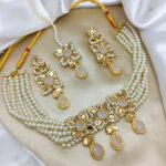 Stylish White Color Choker Necklace Jewelry Set With Earrings and Teeka (ZV:19343)