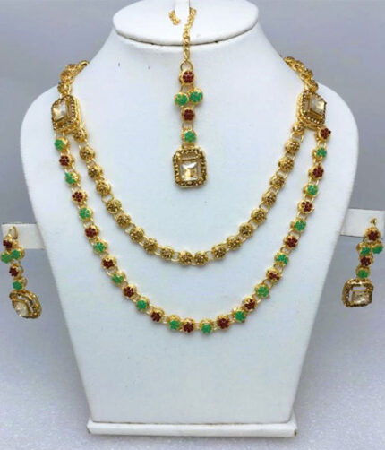 Double Layered Stone Necklace Jewerly Set With Earring and Tikka (ZV:18500)