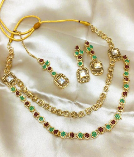 Double Layered Stone Necklace Jewerly Set With Earring and Tikka (ZV:18500)