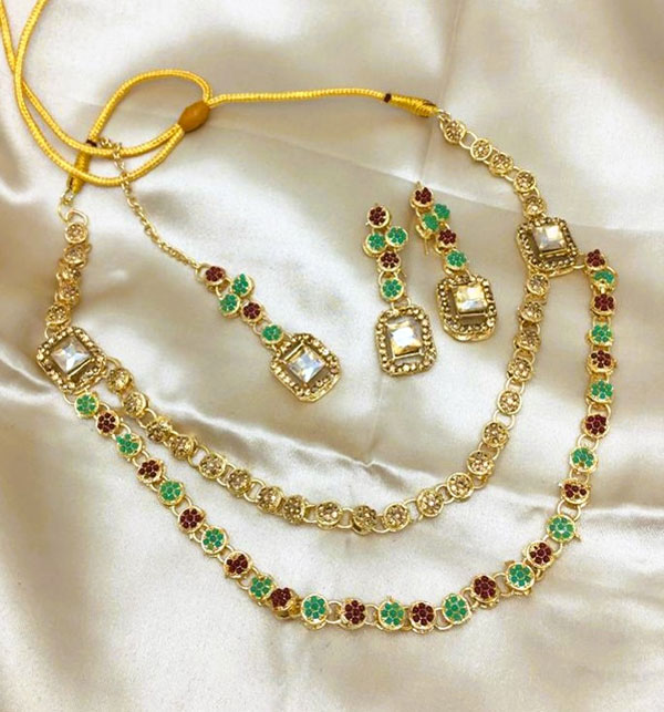Double Layered Stone Necklace Jewerly Set With Earring and Tikka (ZV:18500)