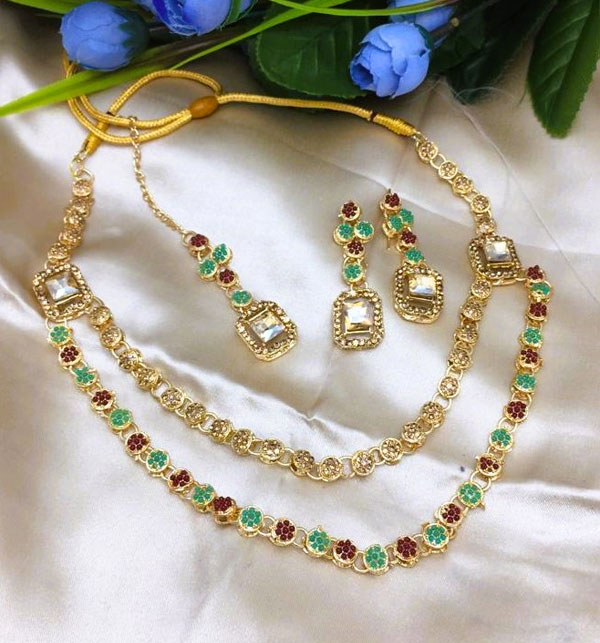 Double Layered Stone Necklace Jewerly Set With Earring and Tikka (ZV:18500)