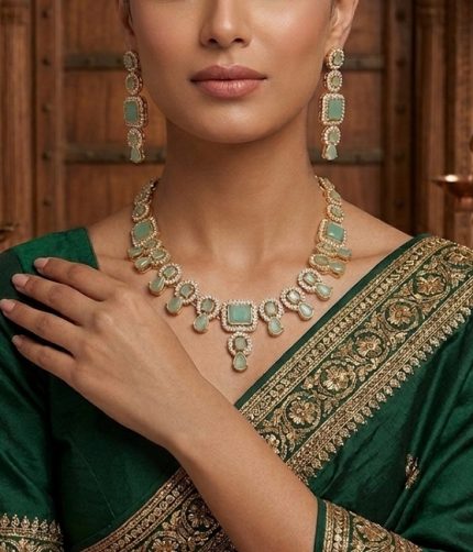 Elegant Zircon & Stone Necklace Jewelry Set with Earrings and Teeka (ZV:19498)