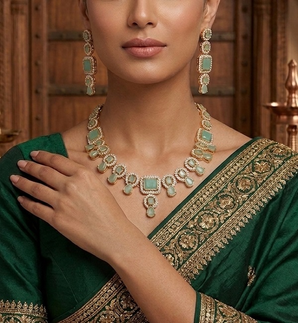 Elegant Zircon & Stone Necklace Jewelry Set with Earrings and Teeka (ZV:19498) Elegant Zircon & Stone Necklace Jewelry Set with Earrings and Teeka (ZV:19498)