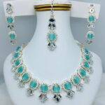Silver Ferozi Zircon Necklace Party Jewelry Set with Earrings and Bindia (ZV:20274)