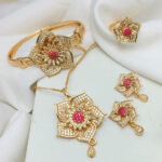 Elegant Pink Zircon Flower Jewelry Set With Chain Locket, Tops, Ring & Kara ZV:20144