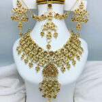 Traditional Antique Gold Zircon Wedding Necklace Jewelry Set with Earrings and Matha Patti (ZV:20433)