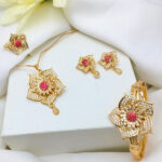 Elegant Pink Zircon Flower Jewelry Set With Chain Locket, Tops, Ring & Kara ZV:20144