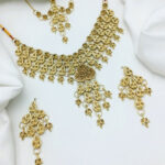 Traditional Antique Gold Zircon Wedding Necklace Jewelry Set with Earrings and Matha Patti (ZV:20433)