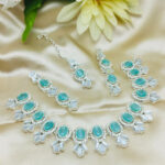 Silver Ferozi Zircon Necklace Party Jewelry Set with Earrings and Bindia (ZV:20274)