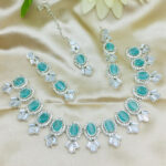 Silver Ferozi Zircon Necklace Party Jewelry Set with Earrings and Bindia (ZV:20274)