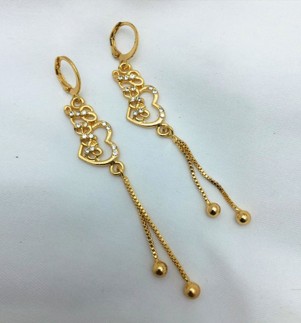 Beautiful Heart Shape Zircon Golden Long Earrings (ZV:20357)