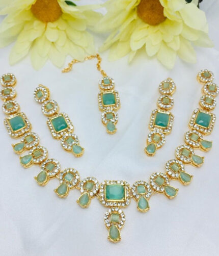 Elegant Zircon & Stone Necklace Jewelry Set with Earrings and Teeka (ZV:19498)