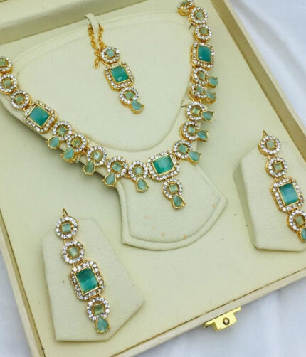 Elegant Zircon & Stone Necklace Jewelry Set with Earrings and Teeka (ZV:19498)