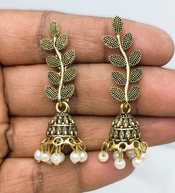 Antique Leaf Style Jhumki Earrings (ZV:21031)